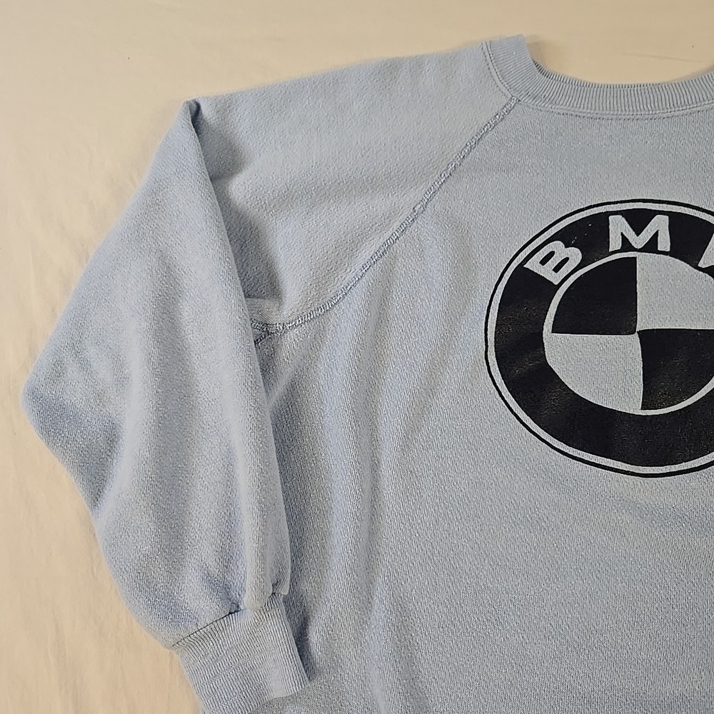 Vintage 80s BMW Raglan Sweatshirt Size Large Baby Blue Crewneck - Picture 4 of 11